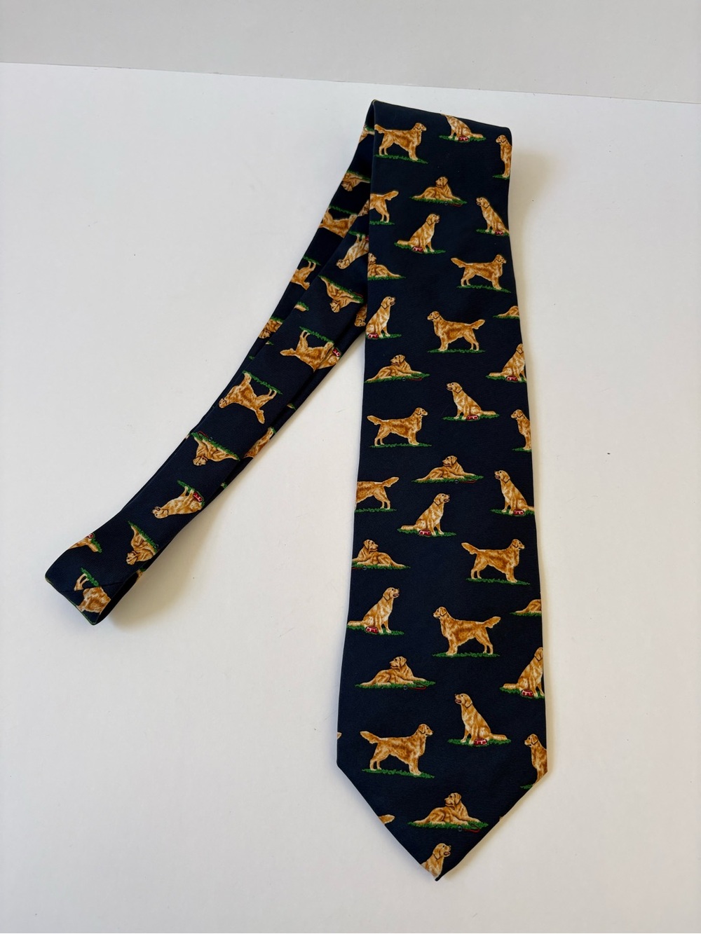Alynn Neckwear Silk Tie Navy Blue Golden Retriever Novelty Print HandMade Dog